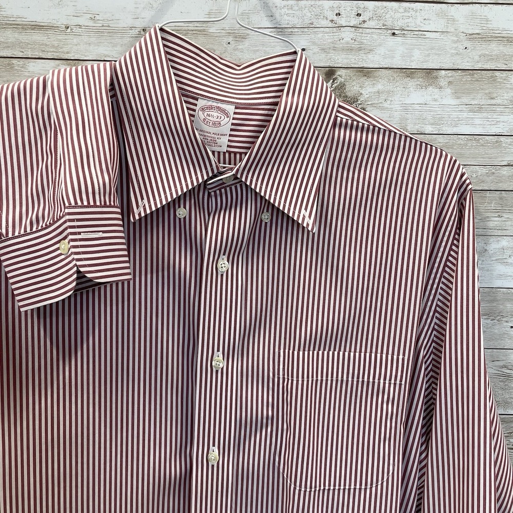 Brooks Brothers Mens 16.5-34 Polo Shirt Trad. Fit Non-Iron Bengal Stripe Red